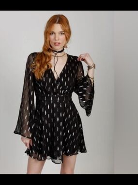 NWT $55 Black Metallic Dot Long-Sleeve Wrap Dress